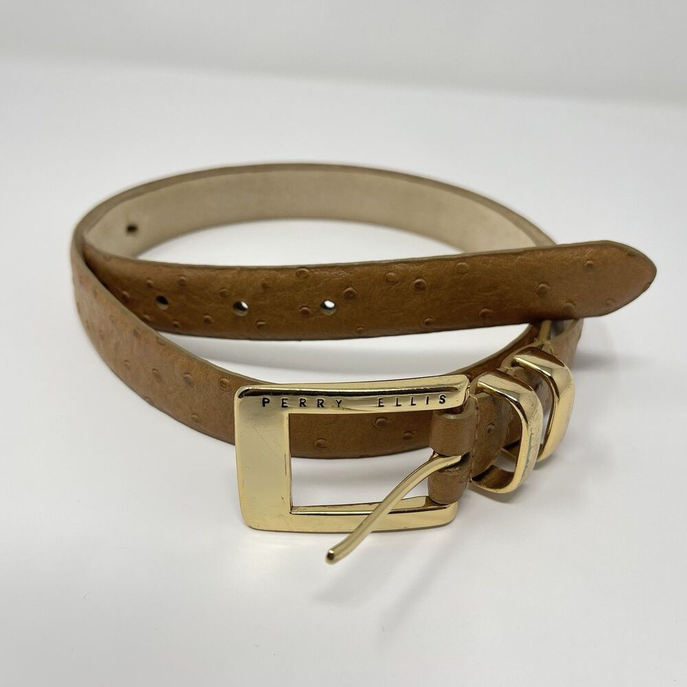 Perry Ellis Womens 1” Leather Belt Size L Light Brown Gold Buckle Dotted